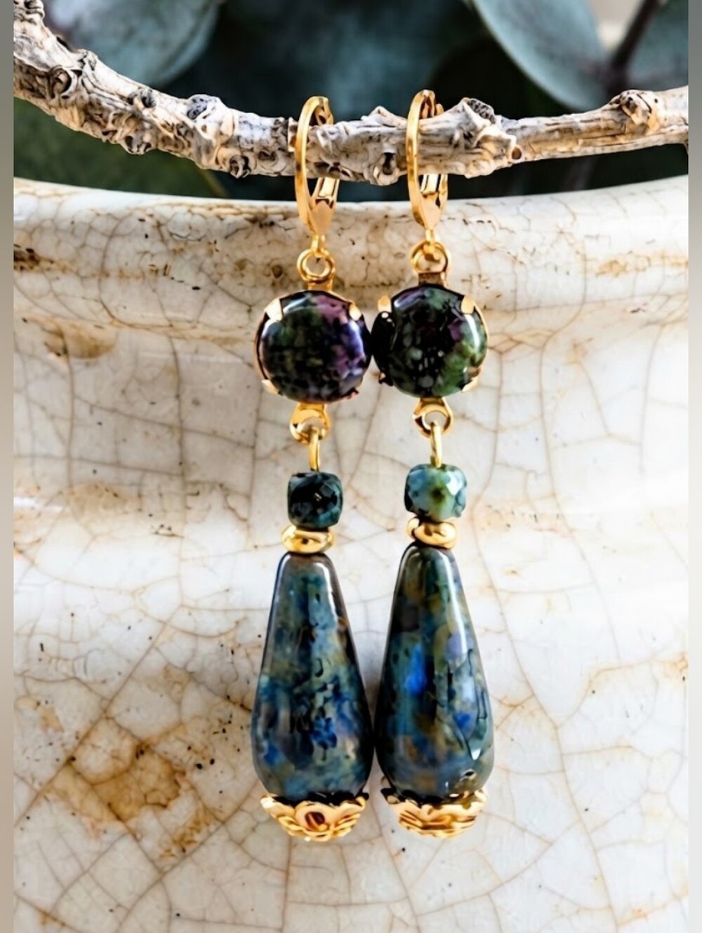 Victorian Blue & Green Marble W/ Ruby On Zoisite In Gold Plated Earrings